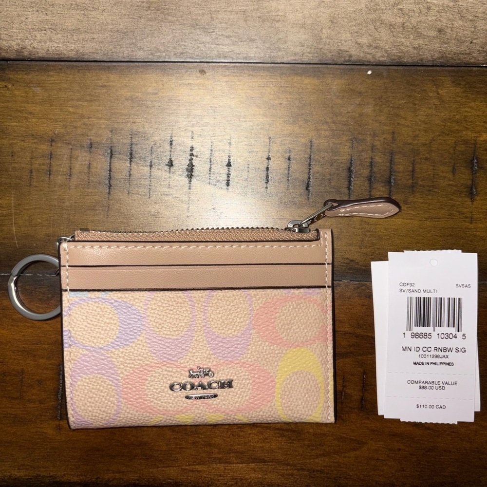NWT Coach Mini Skinny Id Case In Rainbow Signature Canvas Silver Sand CDF92